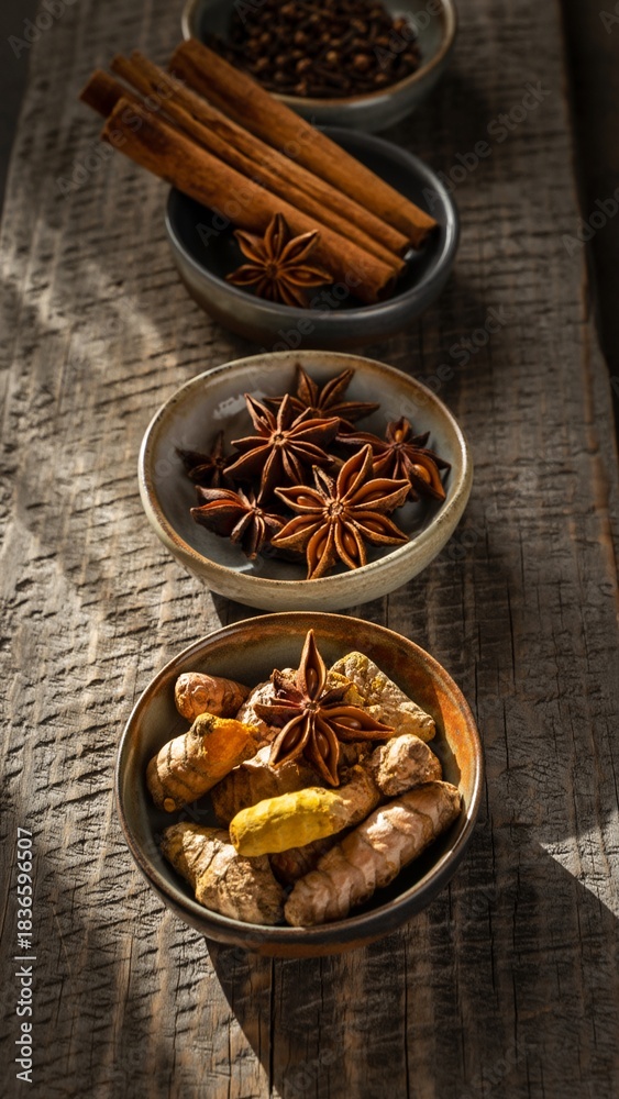 Fototapeta premium Dramatic Rustic Spices: Turmeric, Star Anise, Cinnamon, and Cloves for Cooking and Wellness on Wood.