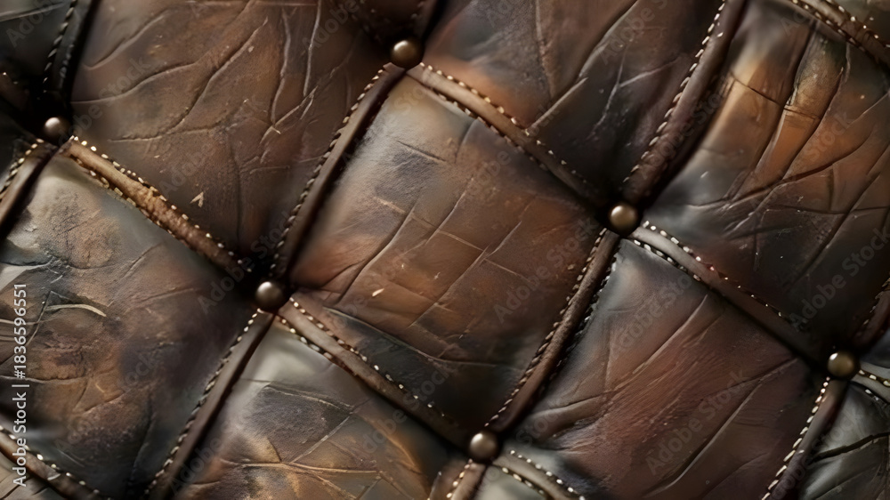 Naklejka premium Close up textured view of aged distressed brown leather upholstery with diamond tufting and decorative nailhead trim