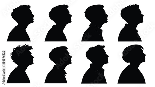 Vector illustration silhouette profile views illustrating various degrees of forward head posture and neck alignment variations