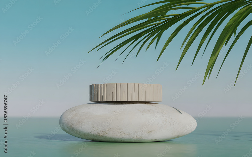 Obraz premium Minimalist concrete pedestal with a palm frond overhead, evoking a serene and natural aesthetic for product display