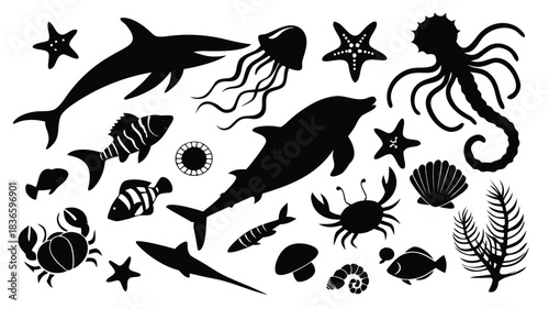 Vector illustration collection of black silhouette icons representing various sea life creatures and marine objects