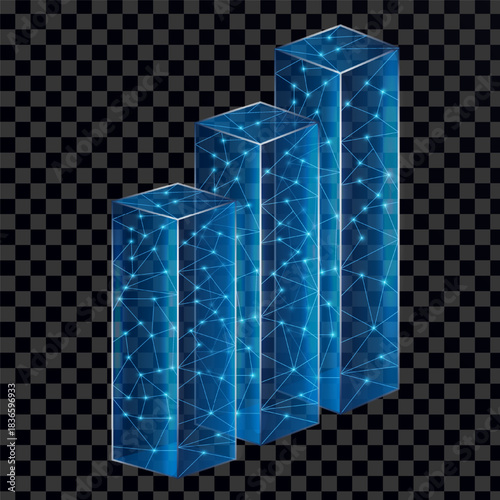 Stylized Data Visualization: 3D Bar Graphs with a Futuristic Network Design Reflecting Information Growth and Analytics Trends