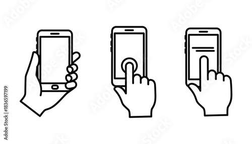 Set of three line icons showing hand gestures interacting with a smartphone
