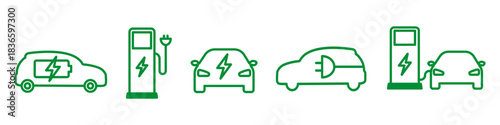 Green vector icons of electric vehicle charging station.