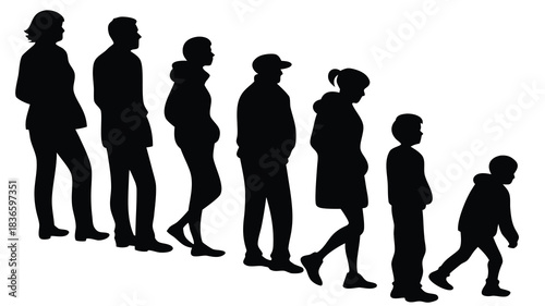 Vector illustration silhouettes of a diverse group of people of varying ages walking in a line