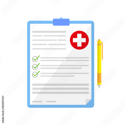 Medical document or form with pen. Health insurance or medical record. Vector isolated on white.
