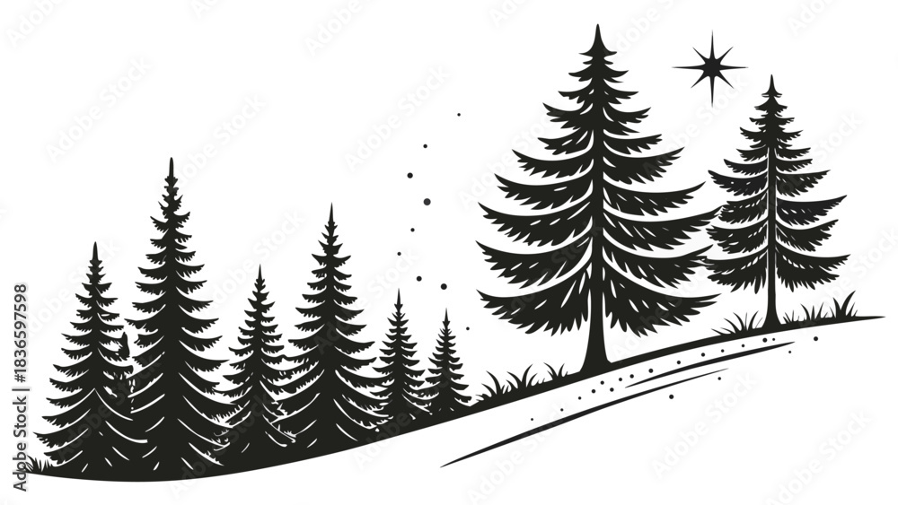 Obraz premium Vector illustration black and white silhouette illustration of evergreen pine trees on a snowy hill with a single star above