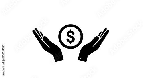 Hand carrying dollar coin black white icon 