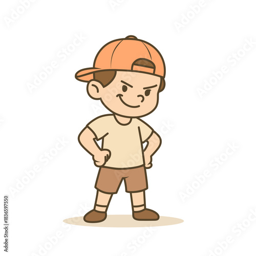 Bold Kid Standing with Hands on Waist cartoon illustration, Vector illustration in flat style.