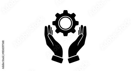 Hands framing gear black white icon 