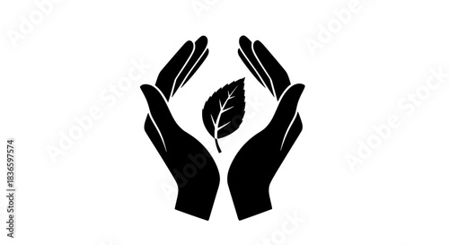 Hands embracing leaf black white icon 