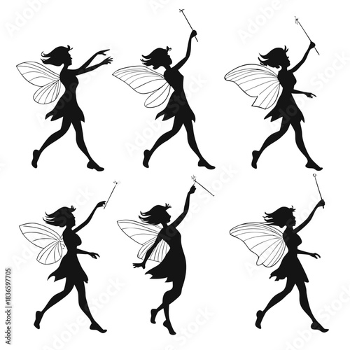 Vector illustration six black silhouette illustrations of a fairy figure with wings and a magic wand