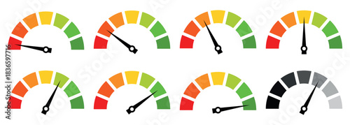 Set of colorful speed gauges and performance meters with needles pointing to different levels, representing rating, progress, evaluation, efficiency, load, quality, measurement, performance indicators