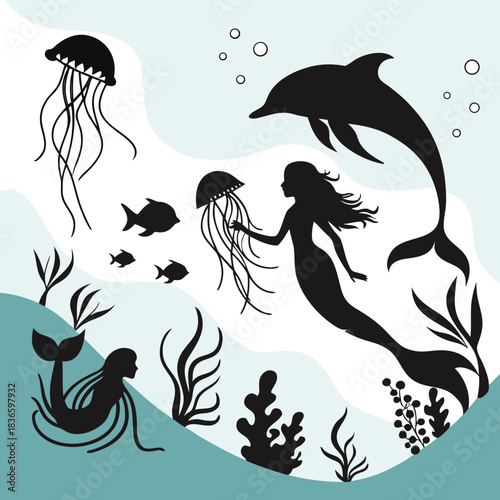 Vector illustration silhouette illustration of a mermaid swimming with a dolphin, jellyfish, fish, and underwater plant life