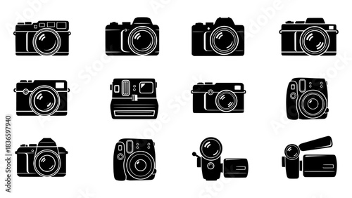 A collection of black silhouettes features various camera designs and camcorders