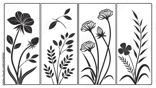 Vector illustration four vertical panels featuring black and white botanical illustrations of various stylized flowers and foliage