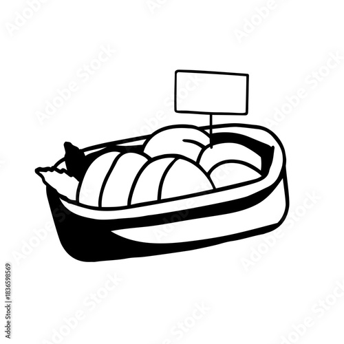 basket with soft round cheeses hand-drawn vector illustration
