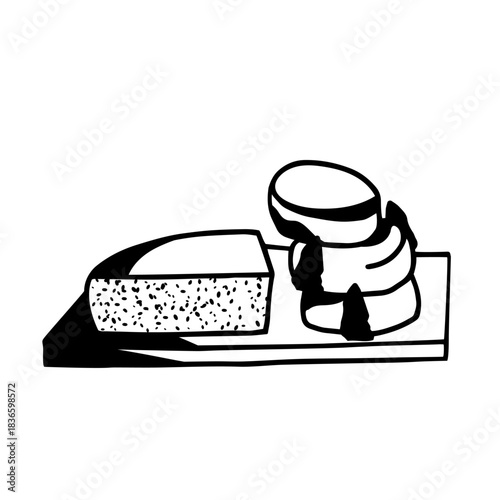variety of cheese on wood serving platter hand-drawn vector illustration