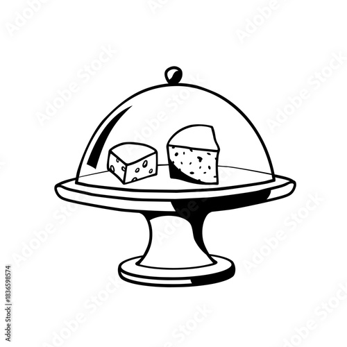 cheese pieces on serving stand under glass lid hand-drawn vector illustration