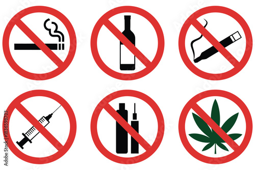 No Smoking, No Vaping, No Hemp, No Drugs, No Alcohol Sign, Vector Illustration, Printable Prohibition Poster and Template, Workplace and Public Area Safety Awareness, Restricted Area Compliance