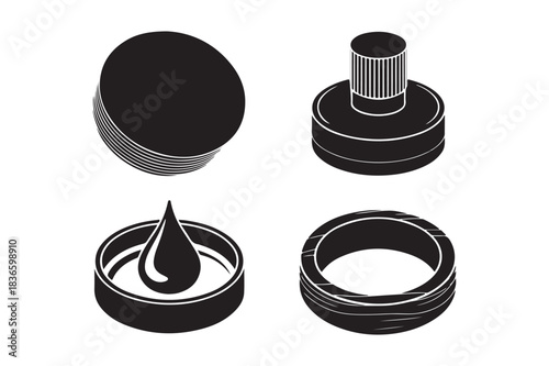 Set of four black and white isometric illustrations of ink related objects