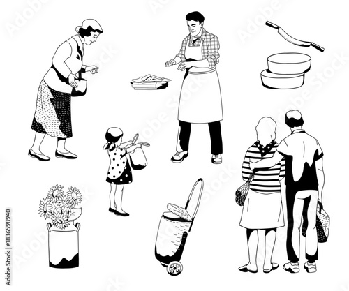 peoples shopping at a farmer's market , man and woman, vendor , girl  with shopping bag, senior woman