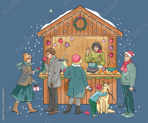 Christmas market mulled wine stall with people enjoying hot drinks