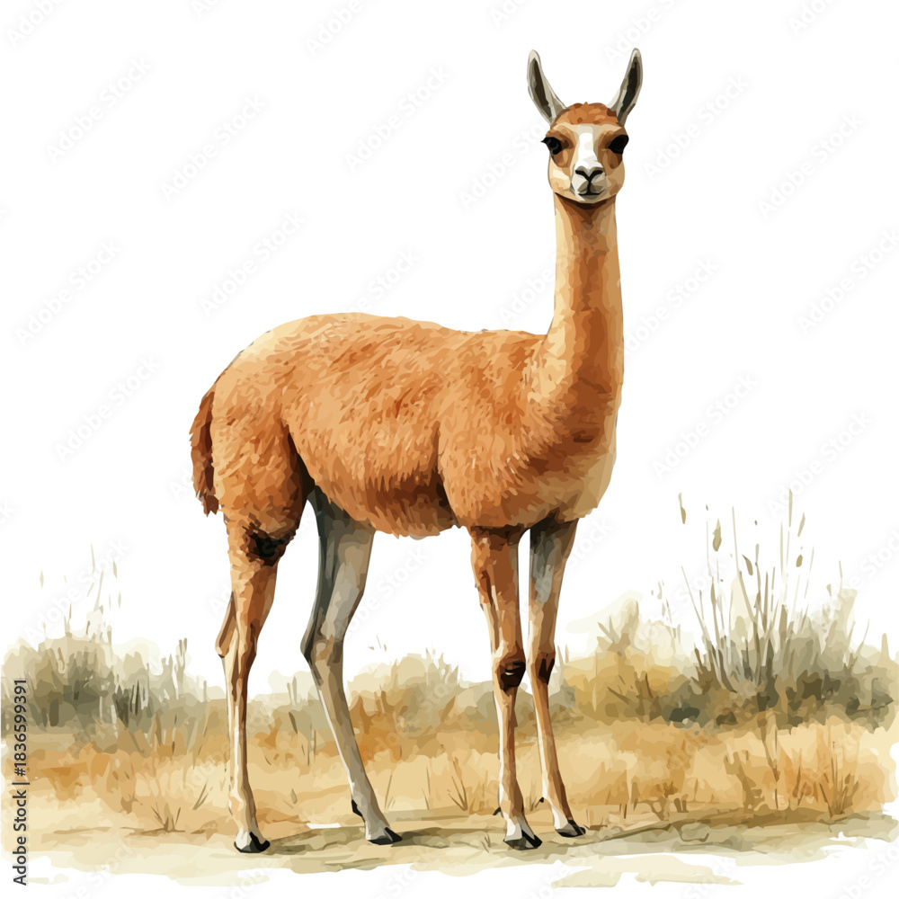 Obraz premium Alpaca, watercolor vector portraying a joyful pose with colorful highlights, isolated on a white background.