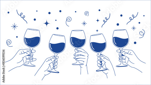 Five hands toasting with glasses of red wine in a celebration
