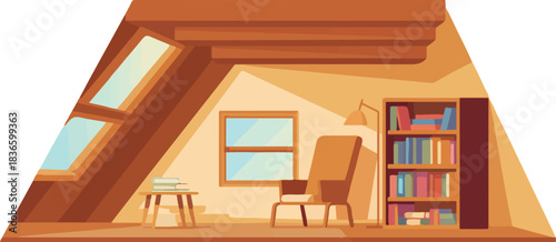 Attic interior with book shelf and chair cartoon cozy room under roof with windows reading place vector illustration