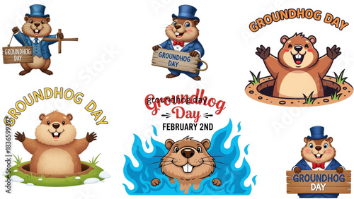 Cute cartoon groundhogs celebrating groundhog day with signs and hats
