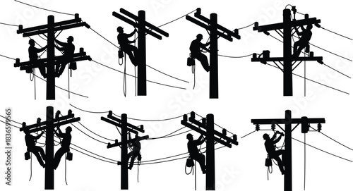 High-Voltage Lineman Silhouettes Vector Set: Professional Electrician Repairmen Working on Utility Power Poles, Fixing Electrical Wires, Maintenance, Installation,