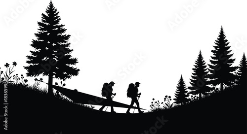 Hiking Backpackers Silhouette Adventure Vector Illustration Landscape with Pine Forest Trees and Hillside Flowers Nature Trekkers Black and White Graphic Design Outdoor Travel Activity