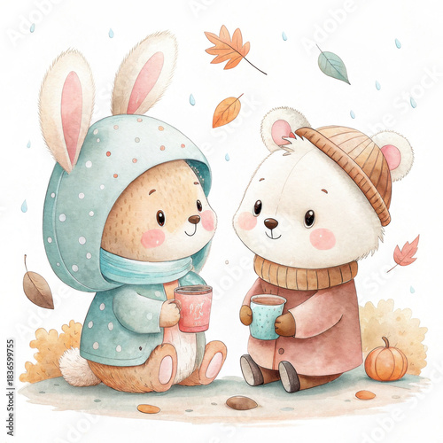 Cozy autumn watercolor animals cute bunny bear hot drink rain fall leaves pastel soft illustration kawaii friendship. Cozy autumn watercolor animals share hot drink gentle rain fall leaves float