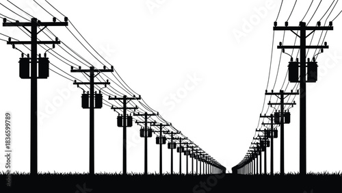 Silhouette power lines perspective vanishing point vector graphic; high voltage electricity transmission poles, wires, transformers; industrial infrastructure, utility grid, electric energy supply, 