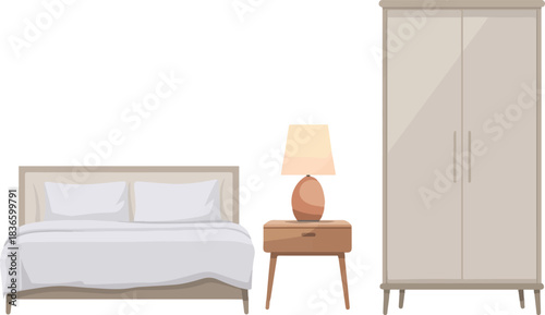Bedroom interior with furniture, bed, wardrobe, nightstand and lamp, vector flat design, modern room arrangement with sleeping space