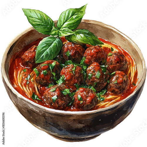 Albondigas, watercolor artwork with bold brush accents and dynamic composition, isolated on a white background.
