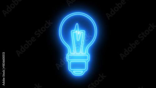 Glowing blue neon lightbulb illustration representing a bright idea, innovation, or technology on a dark black background, symbolizing creativity and solutions