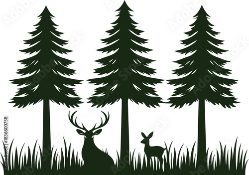 Vector silhouettes of green trees and pine forest illustration for winter  and spring nature design