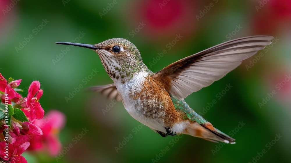 Naklejka premium Hummingbird Hovers Near Bright Flowers Representing Joy in Aztec Beliefs During a Sunny Afternoon in a Garden