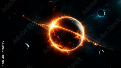 A planet covered in orange flames burns brightly in the darkness of space, resembling a cosmic lava ball.