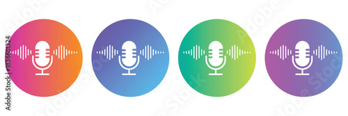 Modern condenser microphone icon with dynamic sound wave visualizer, representing audio production, digital podcasting, live streaming, voice commands, recording studio, broadcasting