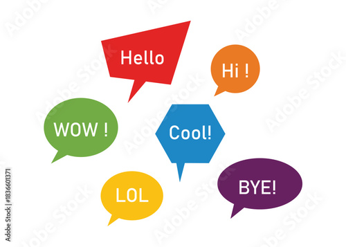 Collection of colorful speech bubbles with common short messages isolated on