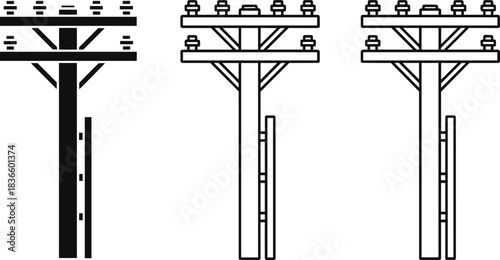 Utility pole electric power line transmission vector icon illustration set; telephone telecommunication infrastructure; silhouette and outline drawing design; electricity distribution symbol.
