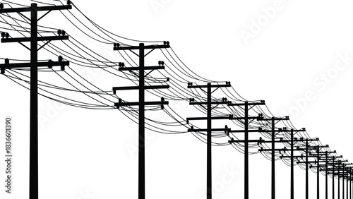 Utility Power Poles Carrying Electrical Cables Line Up in a Vanishing Perspective Against a Clear Sky for Electricity Transmission and Distribution Infrastructure in Rural or Urban Landscape, 