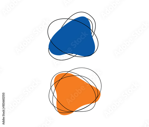 Two abstract organic shapes, blue and orange, with surrounding ellipses