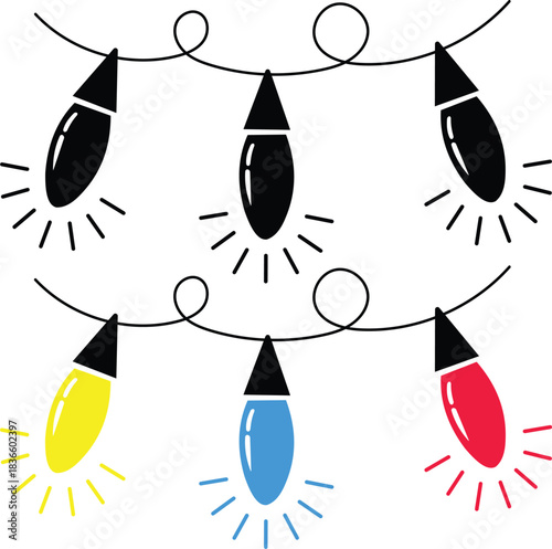 Colorful string christmas lights with glowing bulbs illustration set