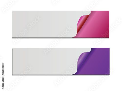 Two horizontal paper banners with peeling corners revealing color