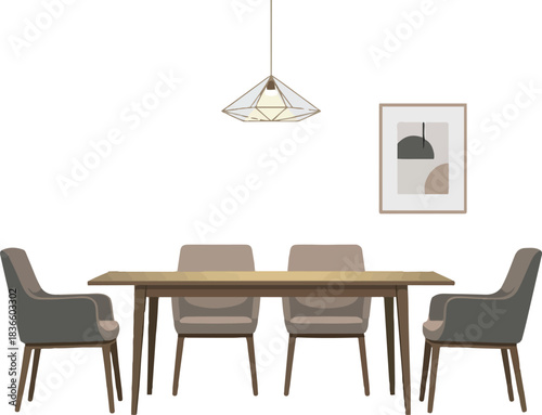 Dining room interior with table, chairs, light and painting, flat vector design, modern home arrangement with furniture and decor