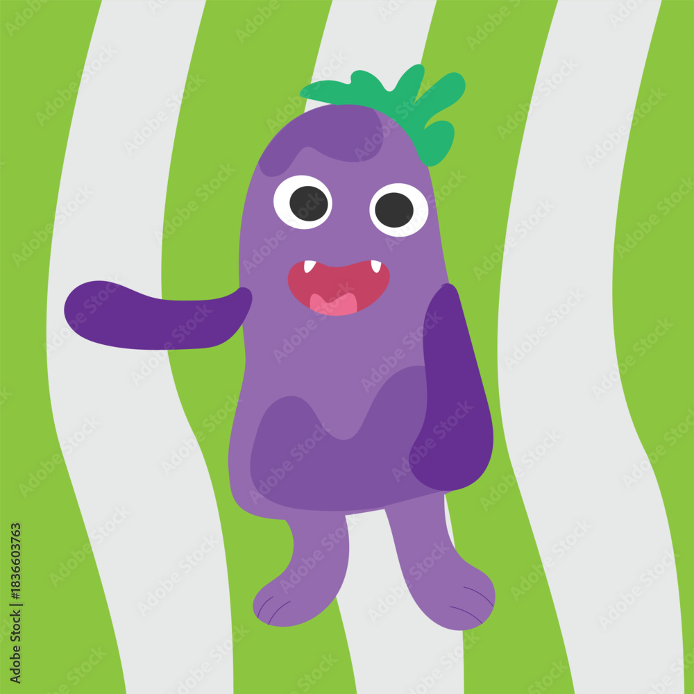 Obraz premium Cute and friendly purple monster character illustration, playfully designed to resemble an eggplant or aubergine.
